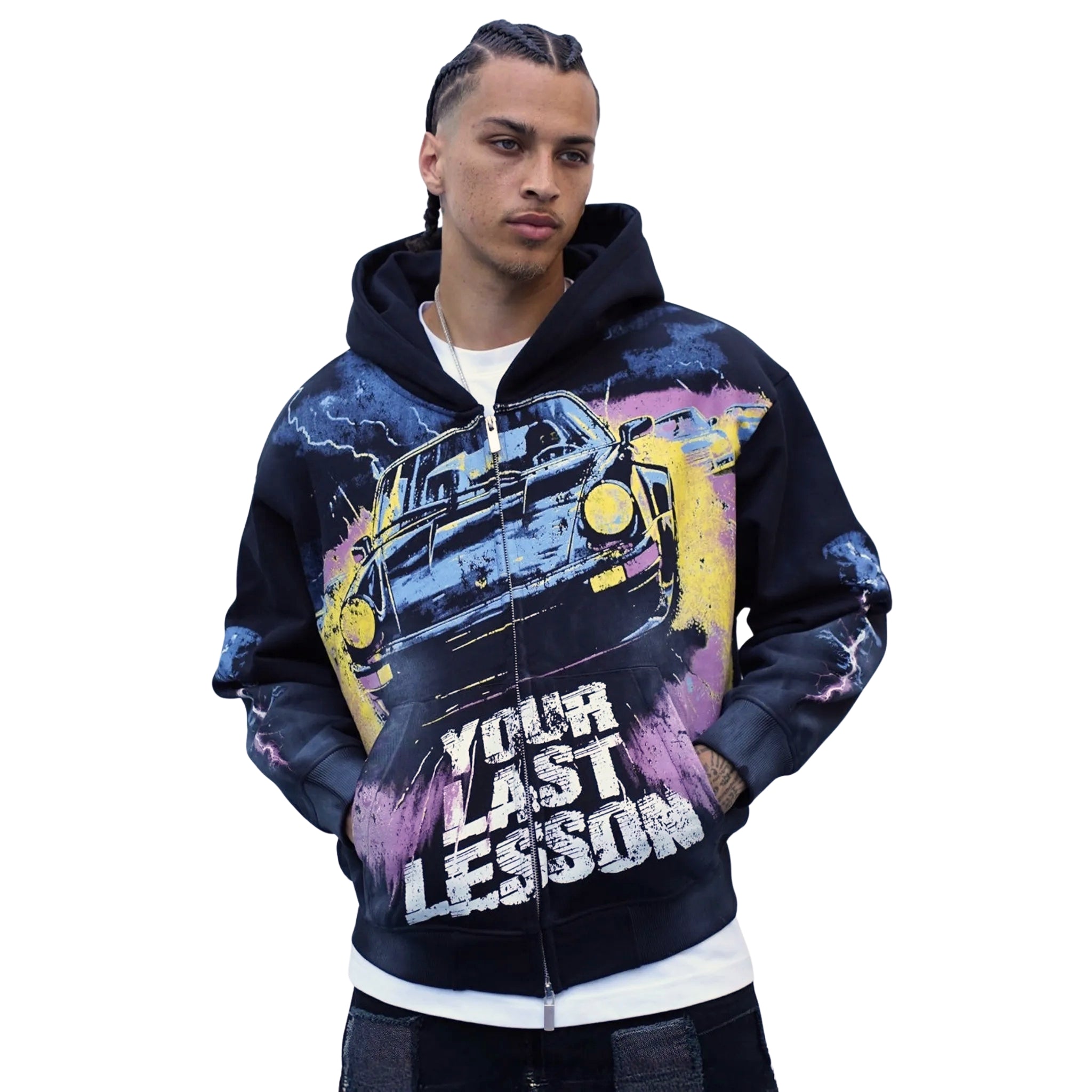 Front View of Last Lesson Car Black Zip-Up Hoodie